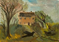 Two birds by old orchard house - original painting 