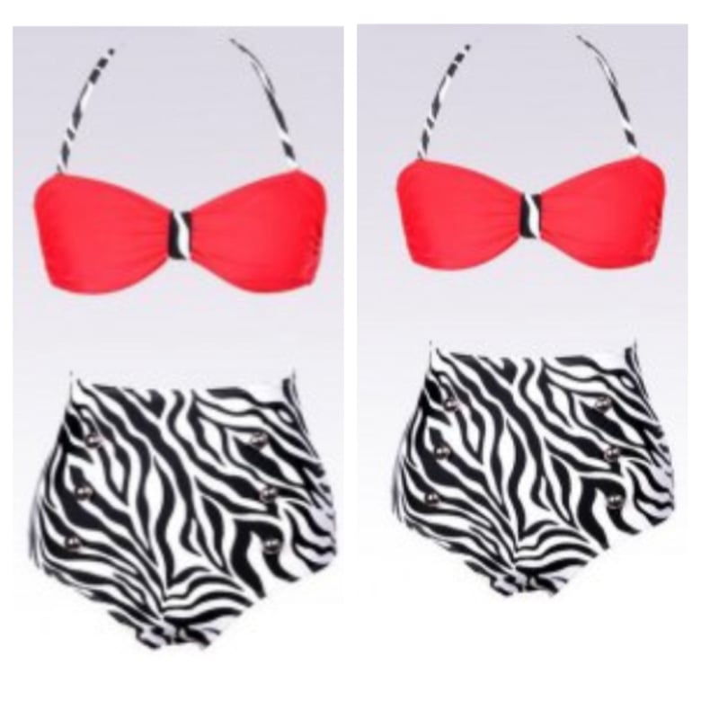 Image of Red, Black, and White High Waist Zebra Print Bikini