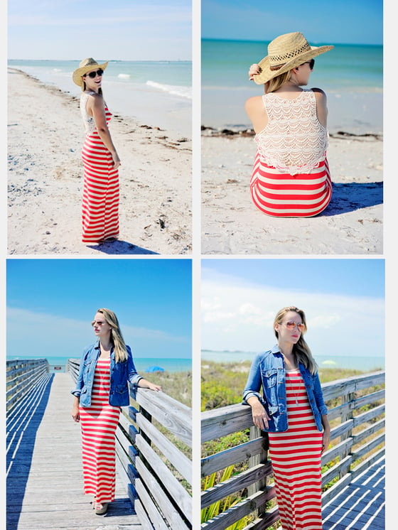 Image of Berry Striped Maxi Dress with Crochet Back- with Free Shipping!