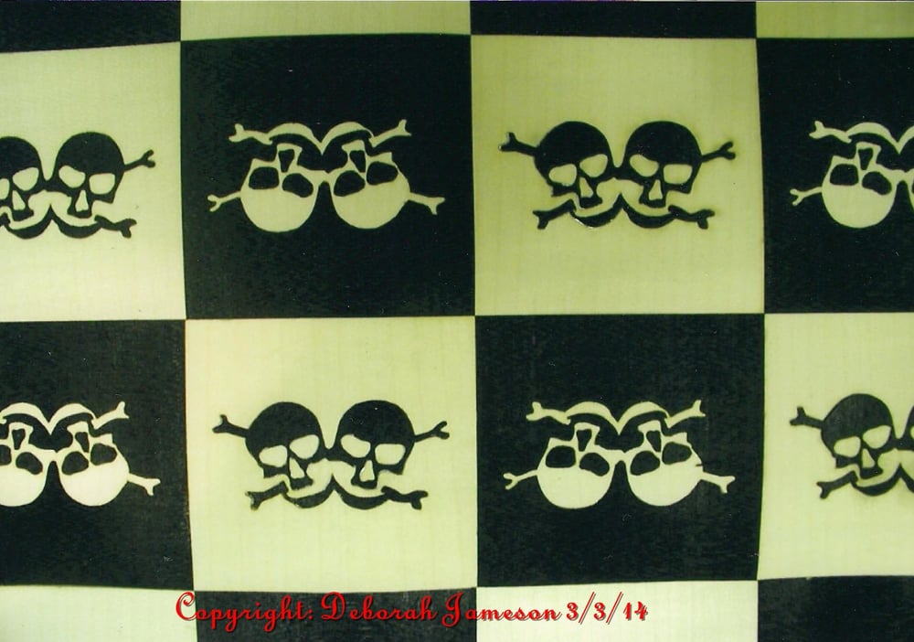 Image of Item No. 879. Marquetry Inlaid Skull and Crossbones Chessboard.