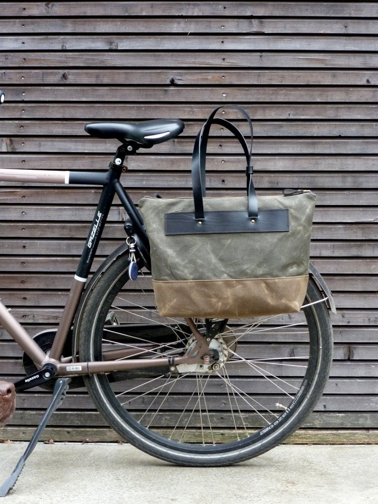 Image of Waxed canvas pannier / bicycle bag with zipper closure / tote bag / bike accessories