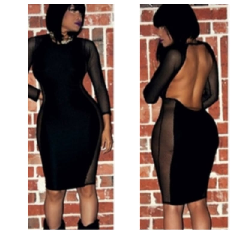 Image of Black Open Back Bodycon Dress with Mesh