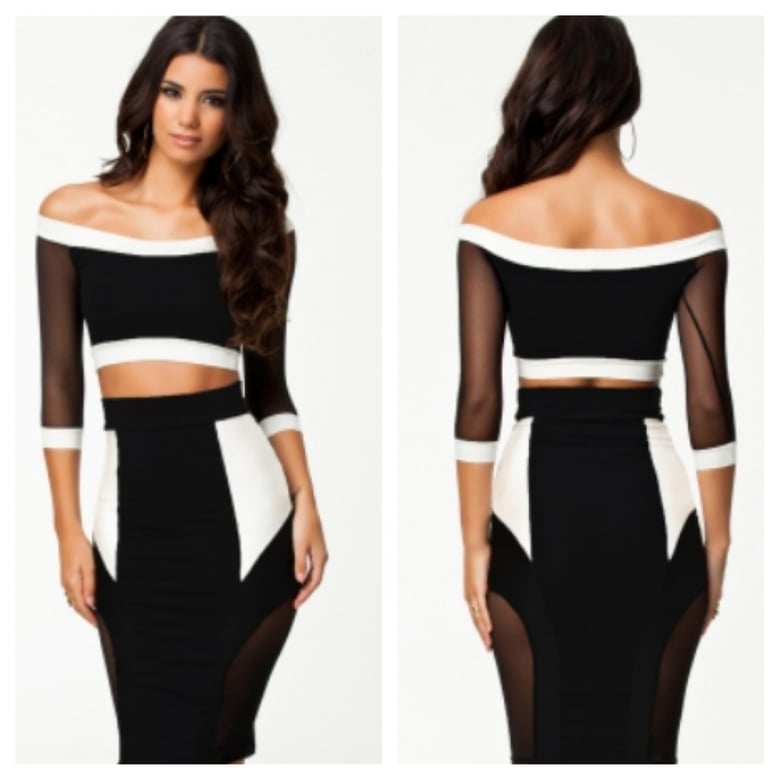 Image of Long Sleeve Two Piece Pencil Skirt and Off Shoulder Top with Mesh