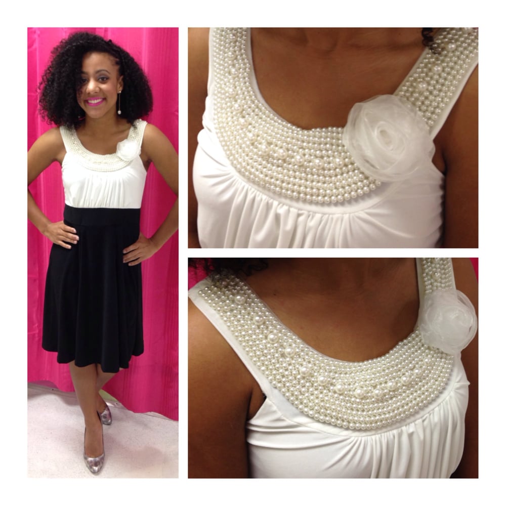 Image of "Such a Lady Rosette Pearl Neckline Dress"