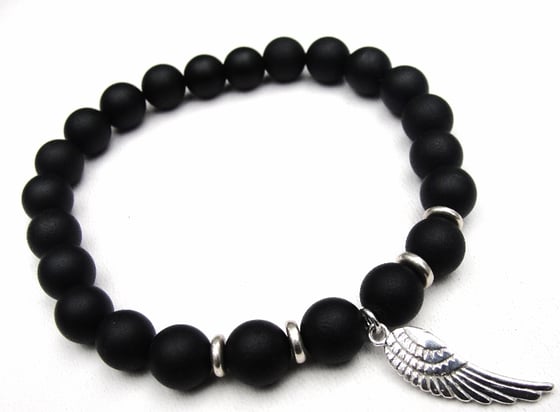 Image of BOYBEADS "Wings of Freedom" mens 8mm matte black onyx sterling silver bird wing bracelet for guys