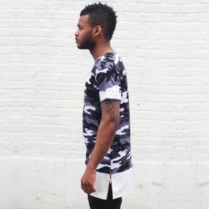 Image of Camo Tee with White Leather Stripe and Zips 