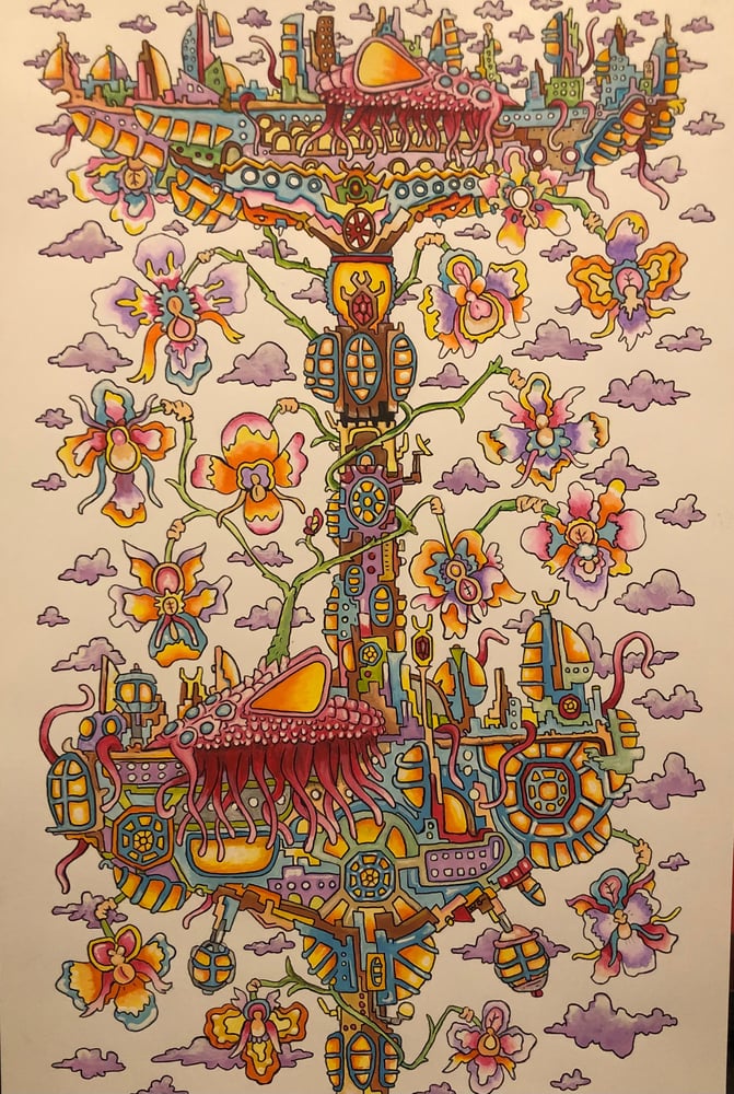 Image of Harmony At The Symbiotic Hotel :original 11x17 inch watercolor and ink painting 