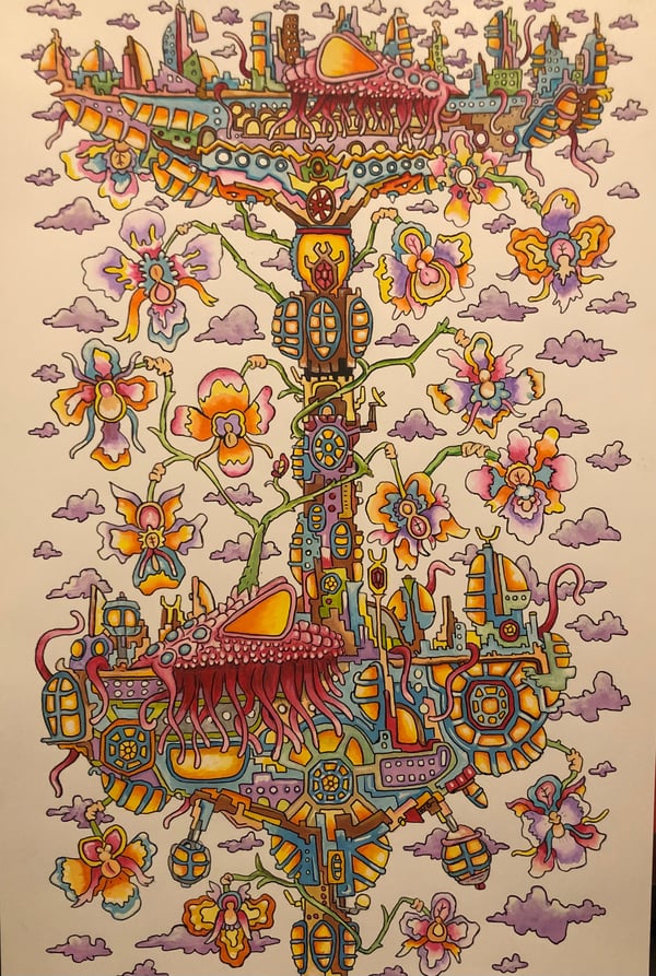 Image of Harmony At The Symbiotic Hotel :original 11x17 inch watercolor and ink painting 