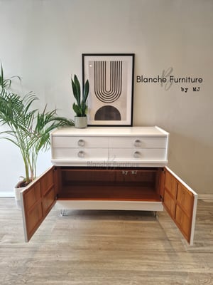 Image of Gorgeous Nathan Sideboard in Brilliant White on Silver Hairpin legs with Matching handles