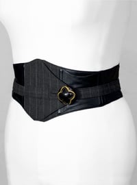 Image 2 of Black Leather and Stripe Wool Corseted Belt
