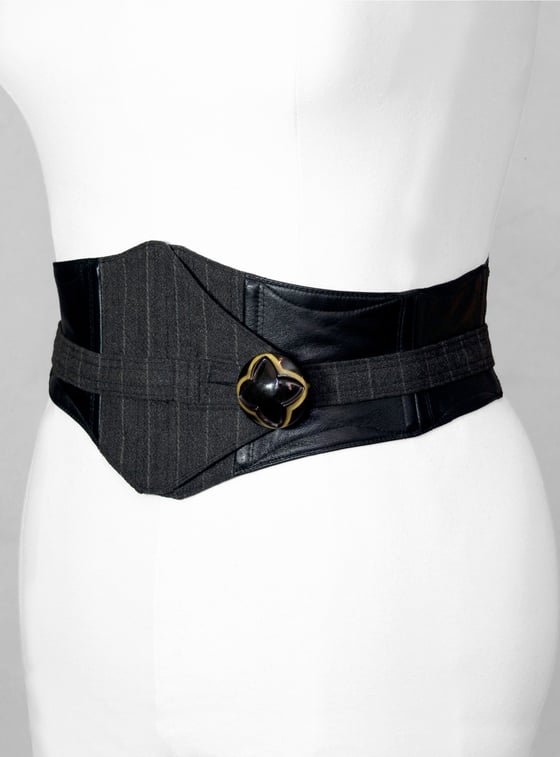 Image of Black Leather and Stripe Wool Corseted Belt
