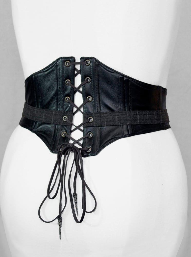 Image of Black Leather and Stripe Wool Corseted Belt