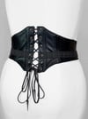 Black Leather and Stripe Wool Corseted Belt