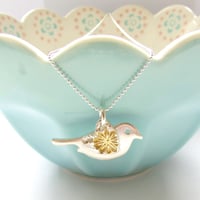 Image 1 of Silver and Gold Flower Love Bird Pendant