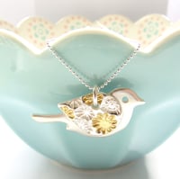 Image 1 of Silver and Gold Flower Bird Pendant
