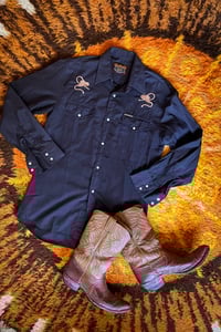 Image 1 of Vintage Mens 70s black snap button cowboy shirt Size M
