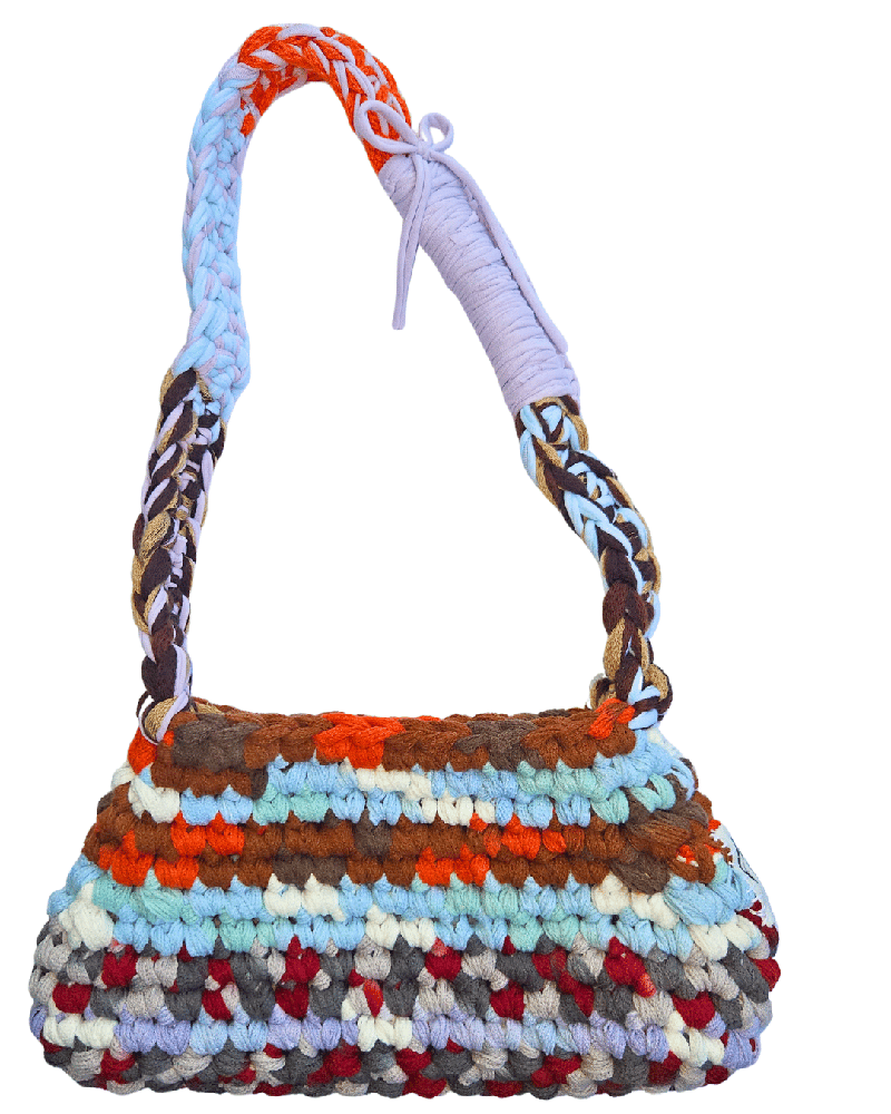 Image of PANSY – Chunky knit triangle over the should multicolour bag reclaimed yarn