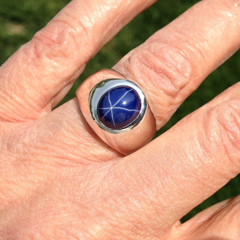 Doug Peterson Jewelers — Oval Blue Star Sapphire Men's Ring in Heavy