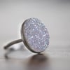 Large Oval White Druzy Ring, Sterling Silver
