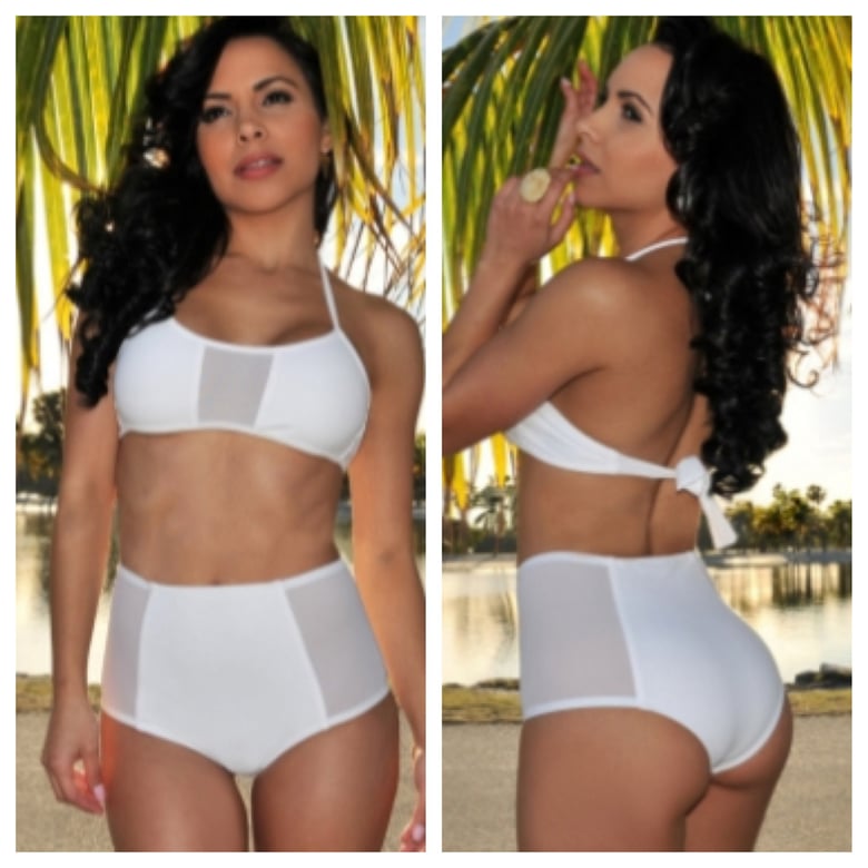 Image of White High Waisted Bikini with Mesh