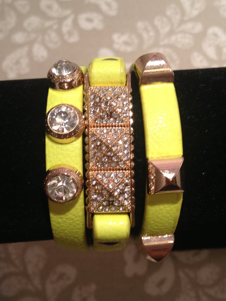Image of Neon Green Studded Triple Wrap  Bracelet