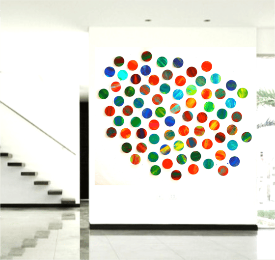 Image of 'LYRICAL CIRCLES' | Large art installation | Mixed media abstract painted geometric wall sculpture