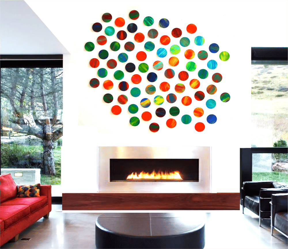Image of 'LYRICAL CIRCLES' | Large art installation | Mixed media abstract painted geometric wall sculpture
