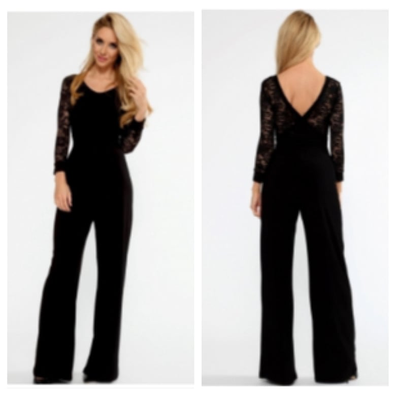 Image of Black Flare Leg Jumpsuit with Lace Sleeves