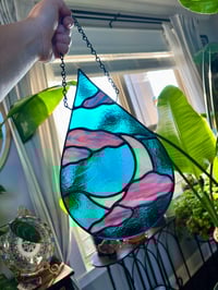Image 4 of Aqua Blue Stained Glass Moon & Cloud Teardrop Suncatcher - Handmade Window Hanging with Pink Clouds