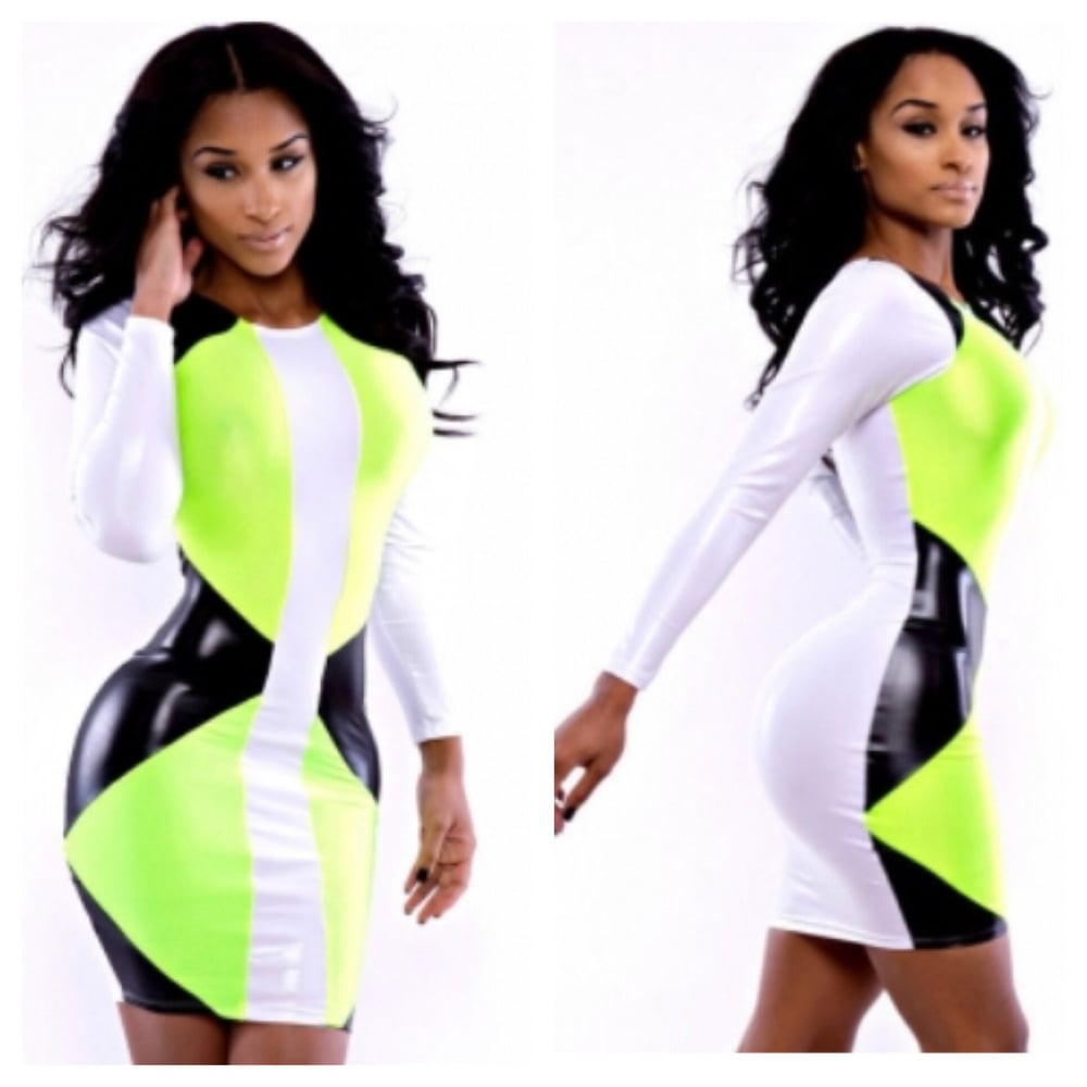 White and Lime Green Faux Black Leather Bodycon Dress | Eklektik Style White and Lime Green Faux Black Leather Bodycon Dress | Eklektik Style
