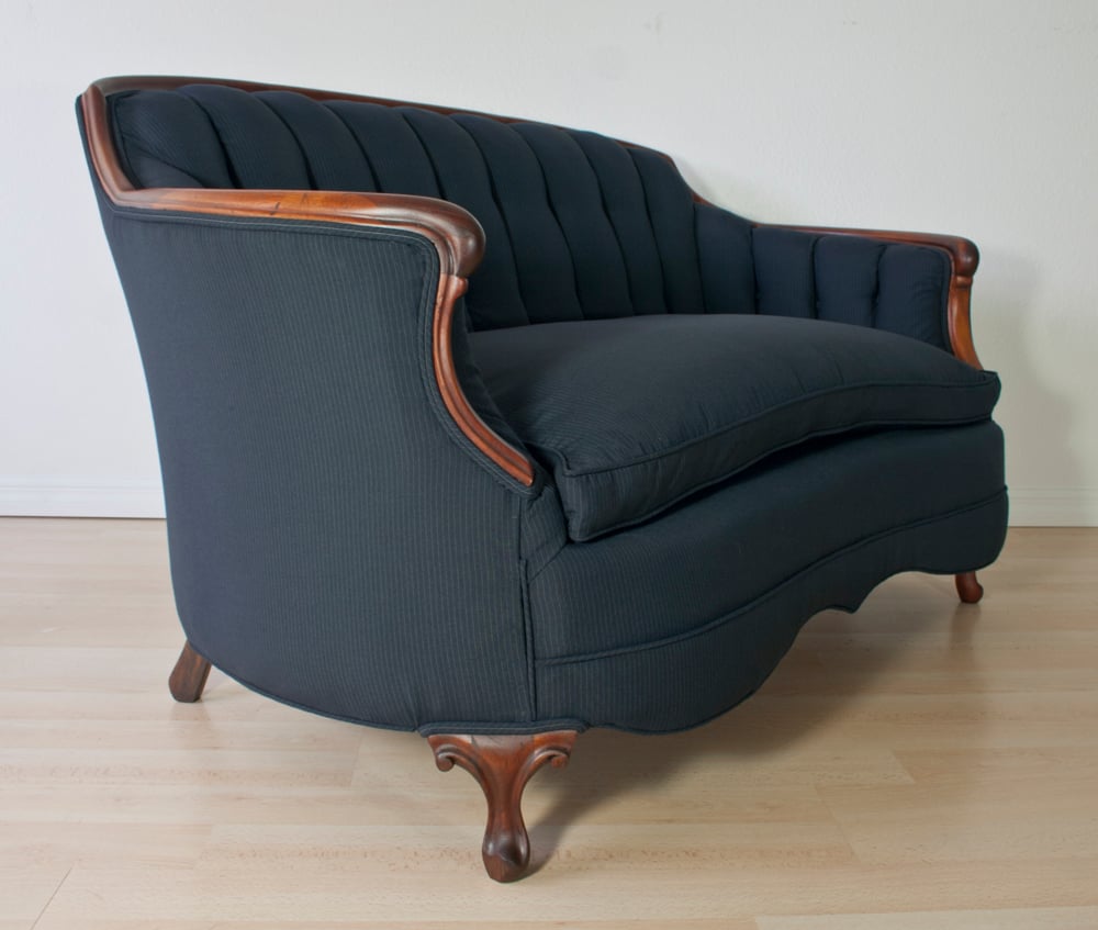 Image of Antique Channel Back Loveseat in Navy Wool Pinstripe