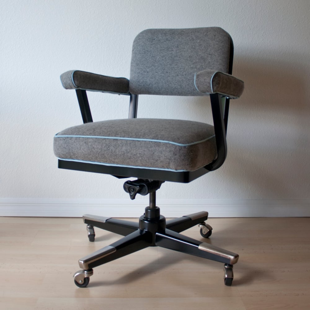 Image of Vintage Tanker Desk Chair in Grey Wool & Plaid