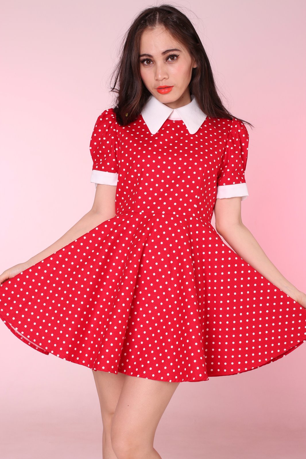 red and white polka dot outfit