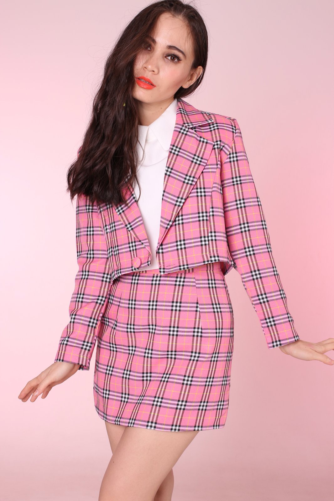 pink plaid jacket skirt