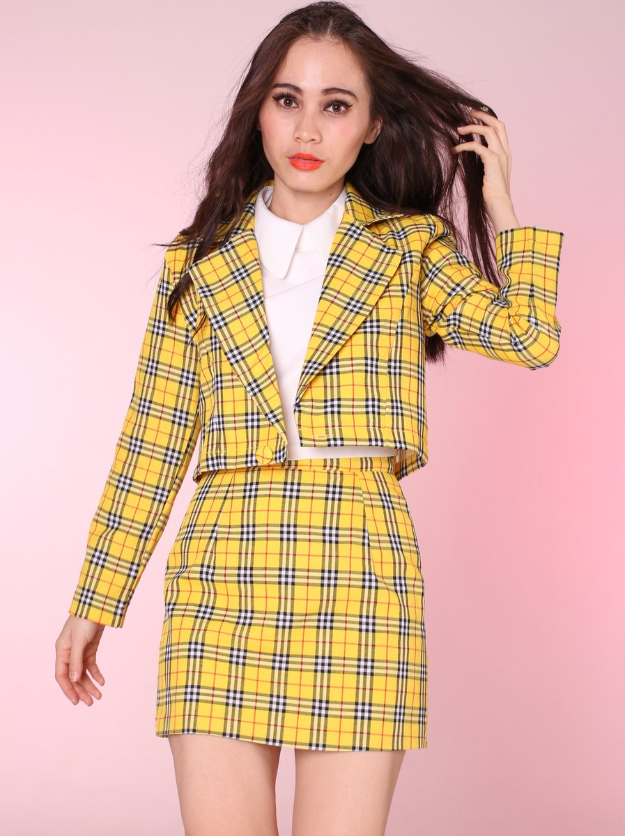 Ready To Post Cher Yellow Tartan Blazer Skirt Set Glitters For Dinner