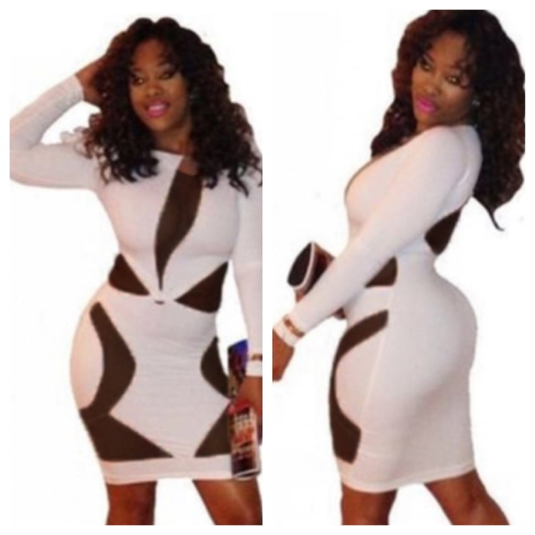 Image of Long Sleeve White and Black Mesh Bodycon Dress