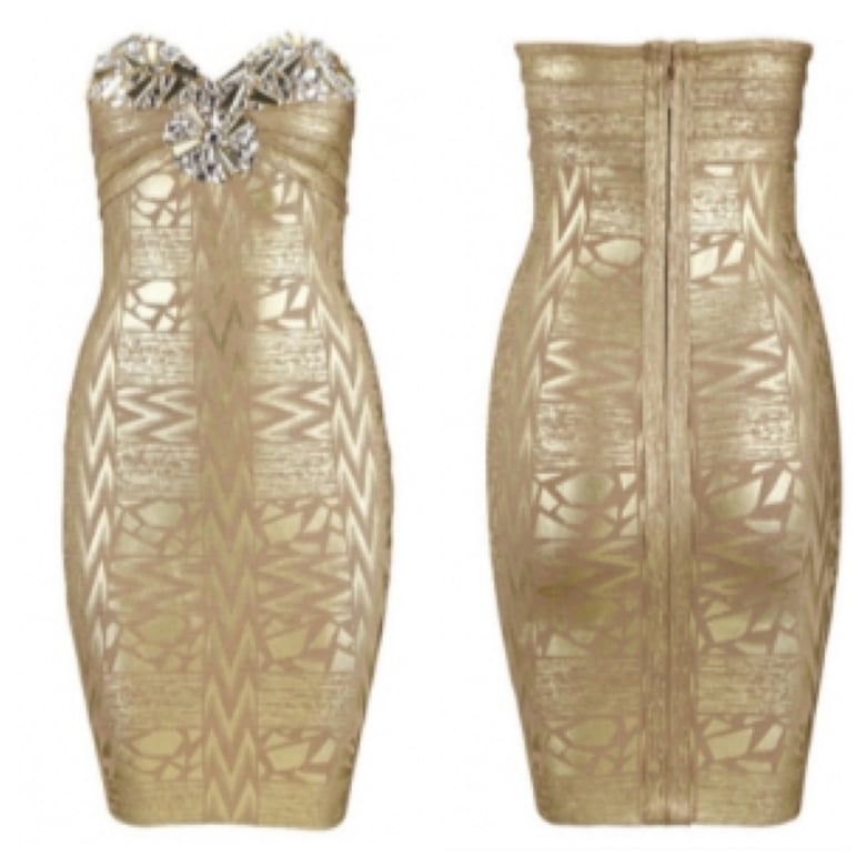 Image of Gold Beaded Strapless Bandage Dress