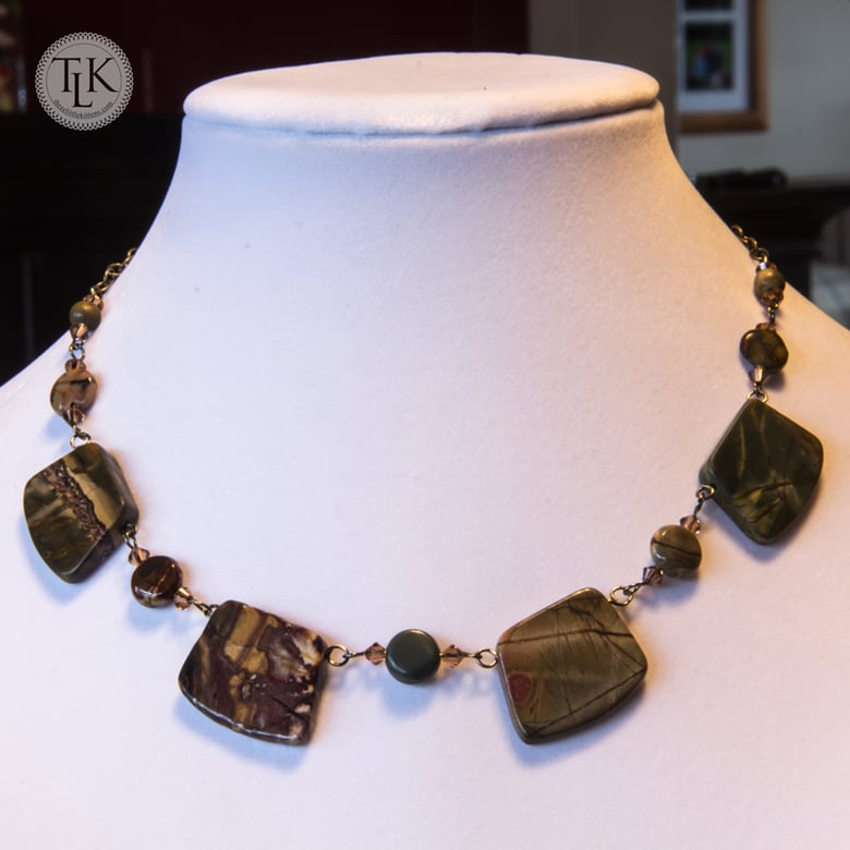 Image of Picasso Jasper, Swarovski Crystal and Brass Necklace 3668n