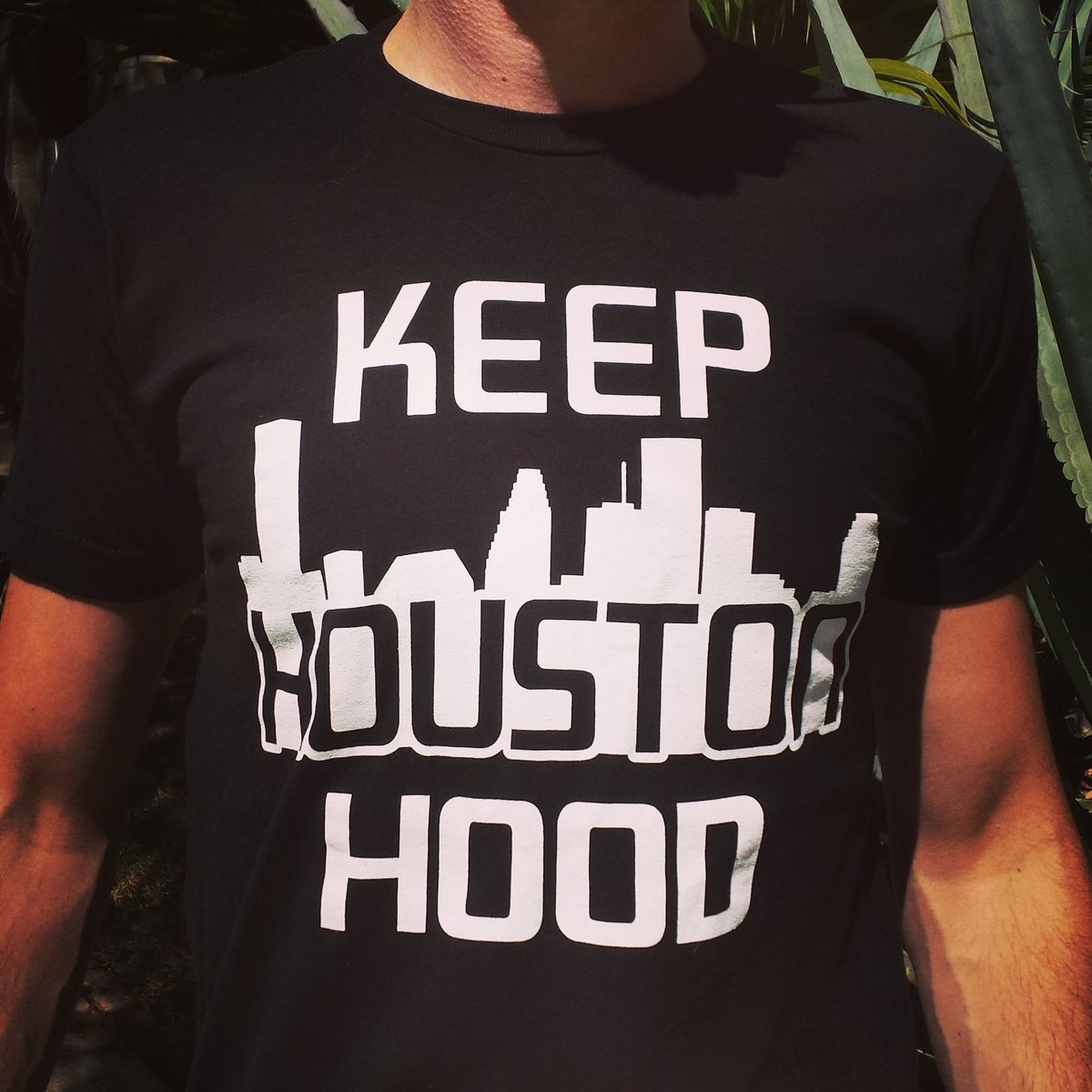 Image of white on black keep houston hood tee