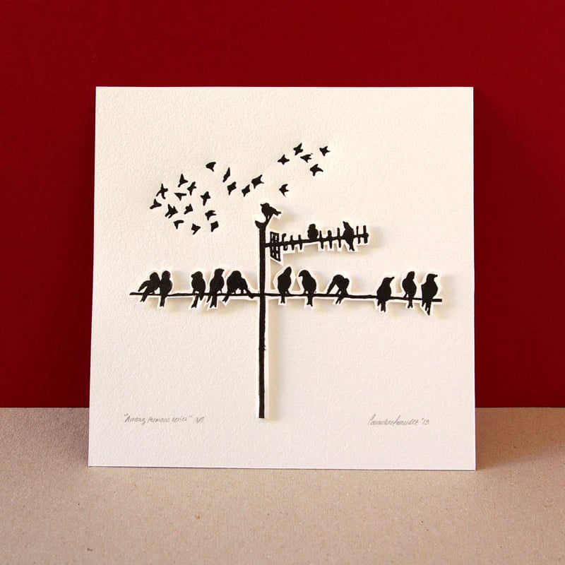 Image of Original linocut miniprint of birds hanging out in antenna.