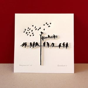 Image of Original linocut miniprint of birds hanging out in antenna.