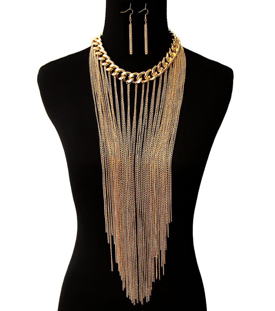 Image of Long Multi Tassel Gold Necklace 