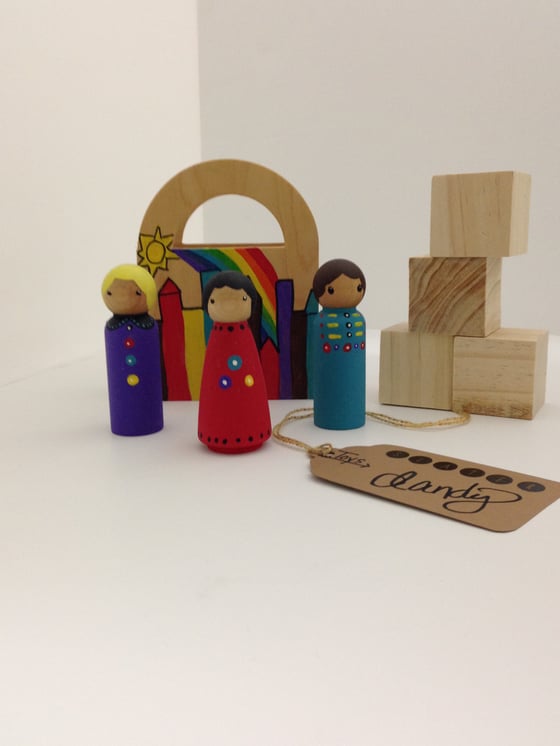 Image of Hand-Painted "Rainbow Friends" Peg People in Wooden Carrying Case