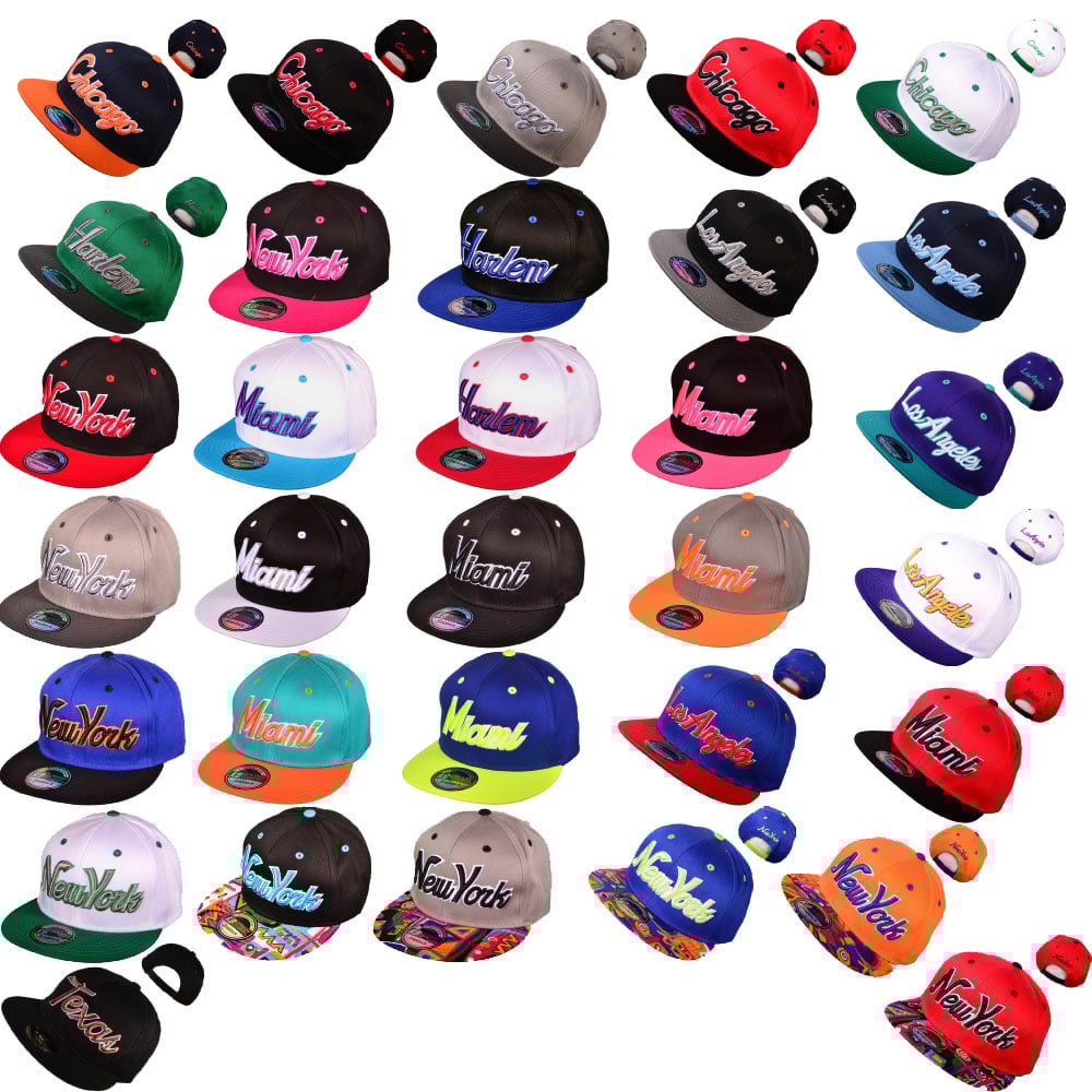 Image of 100% Cotton Flat Bill Blank/Plain Snapback Hats (Assorted Colors/Cities)