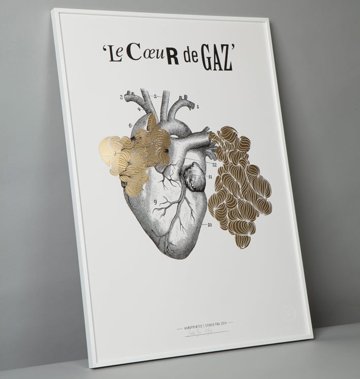 Image of The Gaz Heart print with foil blocked gas in gold.