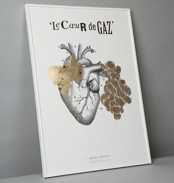 Image of The Gaz Heart print with foil blocked gas in gold.