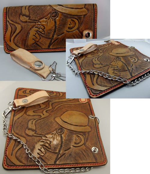Image of Custom Hand Tooled Leather Long Wallet. Your image/design or idea. Chain Wallet. Biker Wallet. Roper