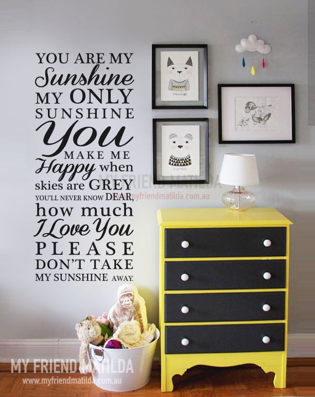 "You Are My Sunshine" Wall Decal – Removable Vinyl Quote Sticker For Nursery, Home, DIY Decor (Size 1: 11.4" X 18.8")