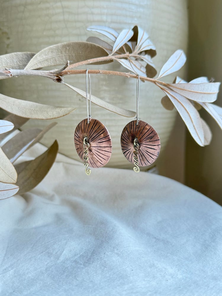 Image of Copper, brass and silver hooks earrings 