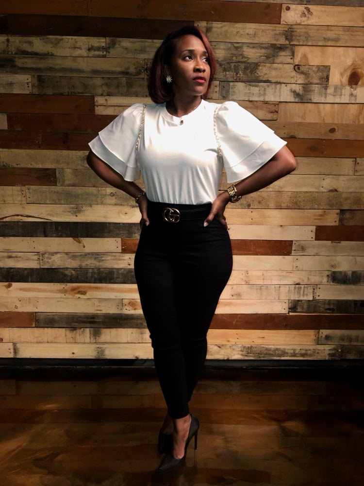 Image of Ruffled Sleeve Top w/pearl chains 